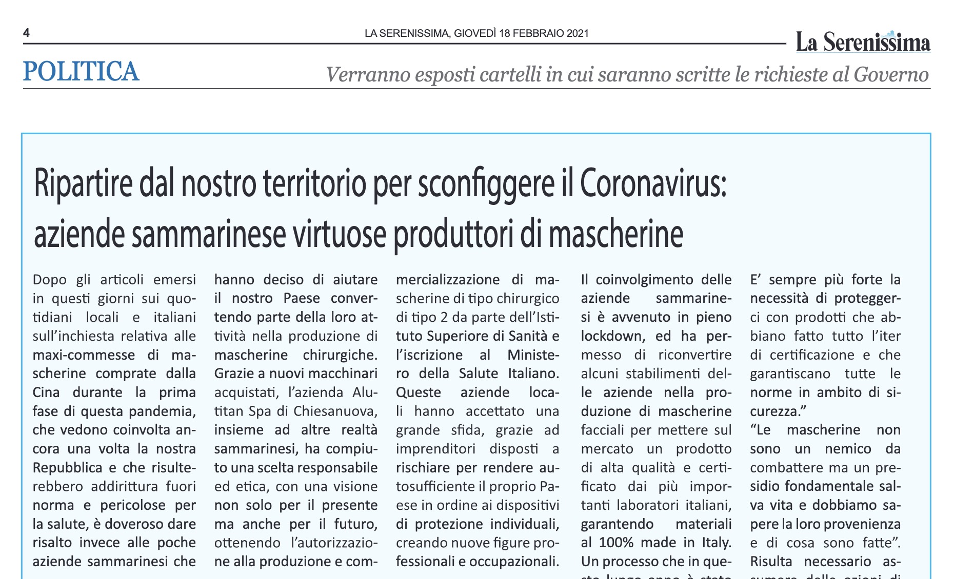 Foto Aziende sammarinese virtuose produttori di mascherine